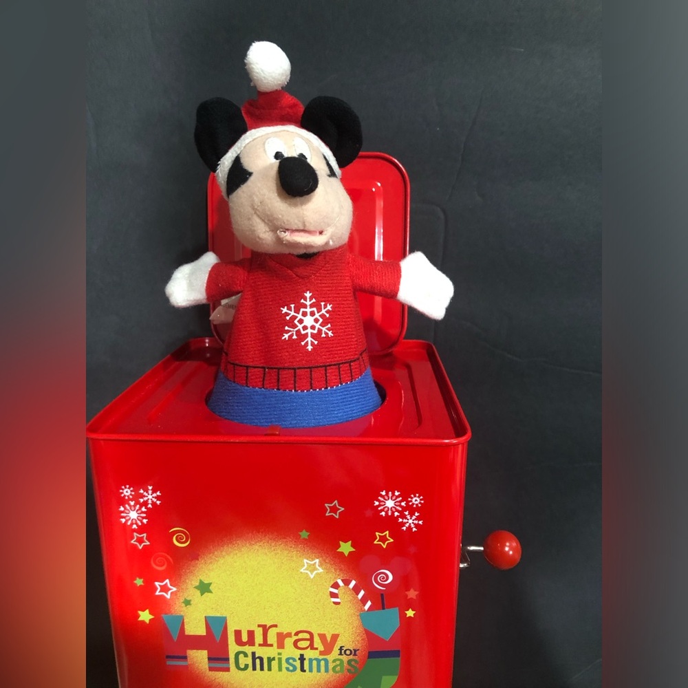 Disney’s Mickey Mouse red tin JACK IN THE BOX Hurray for Christmas new